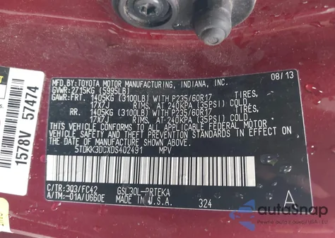 2013 Toyota Sienna Le V6 8 Passenger z USA, uszkodzony, nr VIN 5TDKK3DCXDS402491